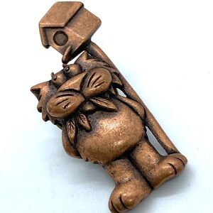 JJ Jonette Copper Cat With Birdhouse Brooch Vintage